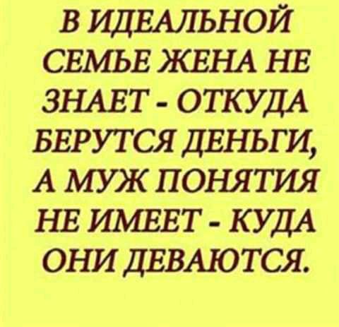 в ИДЕАЛЬНОЙ СЕМЬЕ ЖЕНА НЕ ЗНАЕТ ОТКУДА БЕРУТСЯ ДЕНЬГИ А муж понятия НЕ ИМЕЕТ КУДА ОНИ ДЕВАЮ тся