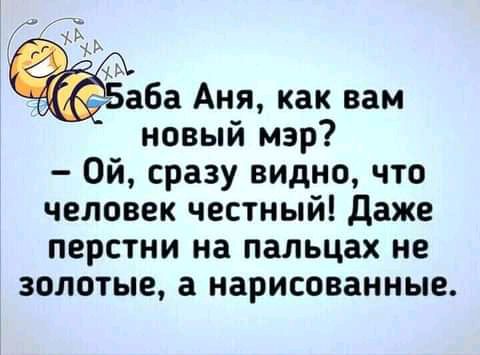 аба Аня как вам новый мэр Ой сразу видно что человек честный Даже перстни на пальцах не золотые а нарисованные