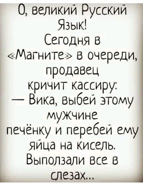 О великий Русский Язык Сегодня В Магнитеэ в очереди продавец кричит кассиру Вика Выбеи этому мужчине печёнку и перебеи ему Яица на киселЬ Выползали все в Ь слезах