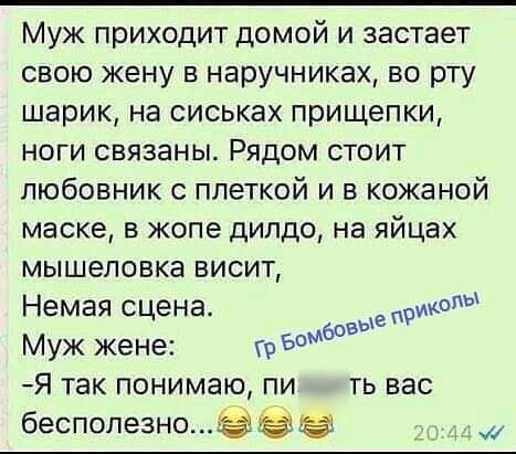 Муж приходит домой и застает свою жену в наручниках во рту шарик на сиськах прищепки ноги связаны Рядом стоит любовник плеткой и в кожаной маске в жопе дилдо на яйцах мышеловке висит Немая сцена в рунО Муж кене гр БМ6 Я так понимаю пи ть вас бесполезноё