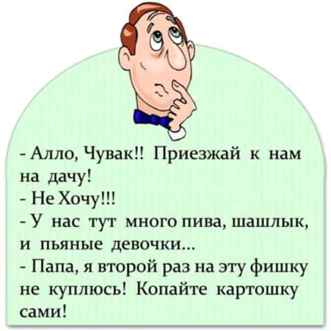 Алло ЧувакН Приезжай к нам на дачу Не Хочу У нас тут много пива шашлык И пьяные девочки Папа и второй раз на эту фишку не куплюсь Копайте картошку сами
