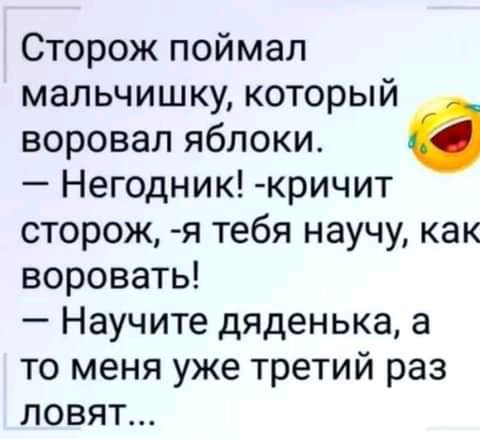 Сторож поймал мальчишку который воровал яблоки Негодник кричит сторож я тебя научу как воровать Научите дяденька а то меня уже третий раз ловят