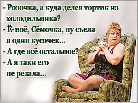 Розочка а куда делся тортик из холодильника Ёмоё Сёмочка ну съела я один кусочек А где всё остальное А я таки ею не резала 1