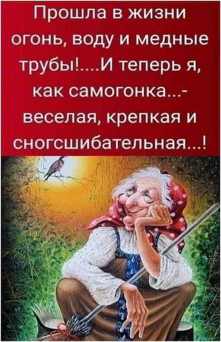Прошла в жизни огонь воду и медные трубыИ теперь я как самогонка веселая крепкая и сногсшибательная