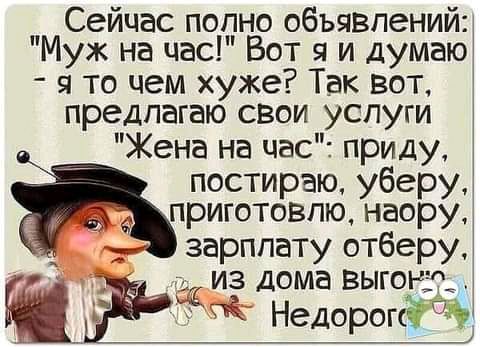 Сейчас попно объявлений Муж на час Вот я и думаю я то чем хуже Так вот предлагаю сВои услуги Жена на час приду постираю уберу __ приготовлю наору зарплату отберу ЬЕИЗ дома выговзд Недорогёі 31