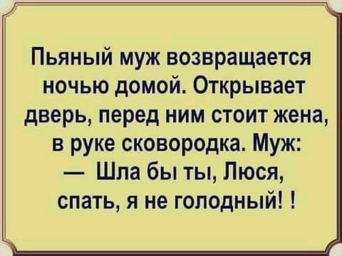 Пьяный муж возвращается ночью домой Открывает дверь перед ним стоит жена в руке сковородка Муж Шла бы ты Люся спать я не голодный