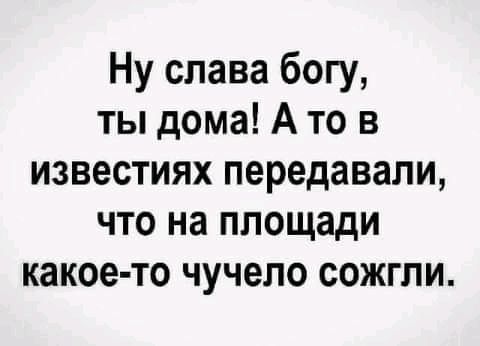 Ну слава богу ты дома А то в известиях передавали что на площади какое то чучело сожгли
