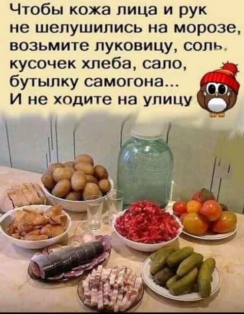 Чтобы кожа лица и рук не шепушились на морозе возьмите луковицу соль кусочек хлеба сало бутылку самогона и не ходите на улицу