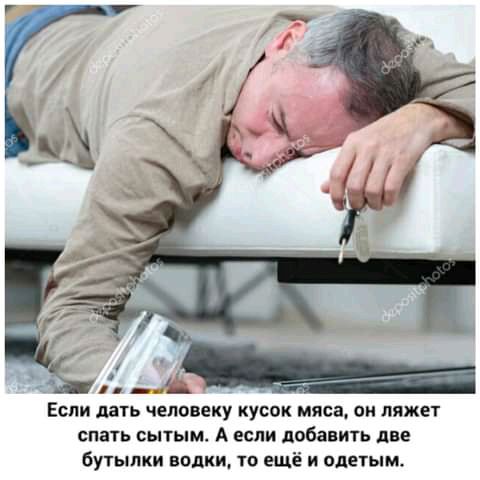 1 Если дать человеку кусок мяса он ляжет спать сытым А если добавить две бутылки впдки 1 ещё и одетым