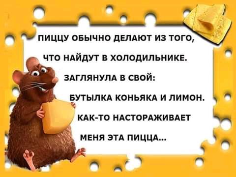 _ А пиццу овычно делдют из того ЧТО НАЙДУТ В ХОЛОДИЛЬНИКЕ ЗАГПЯНУЛА В СВОЙ УТЫЛКА КОНЬЯКА И ЛИМОН А КАК ТО НАПОРАЖИВАЕТ МЕНЯ ЭТА ПИЦЦАп А 1