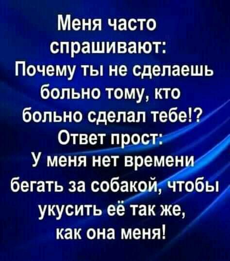 Меня часто спрашивают Понемуты не сделаешь больно тому кто больно сделал тебе Ответ прос У меня нет времен бегать за собак укусить её так же как она меня