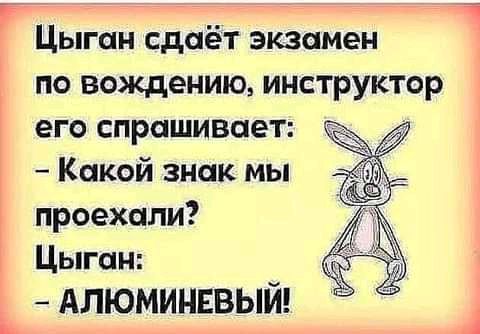 Цыган сдаёт экзамен по вождению инструктор его спрашивает Какой знак мы проехали Цыган АЛЮМИНЕВЫЙ