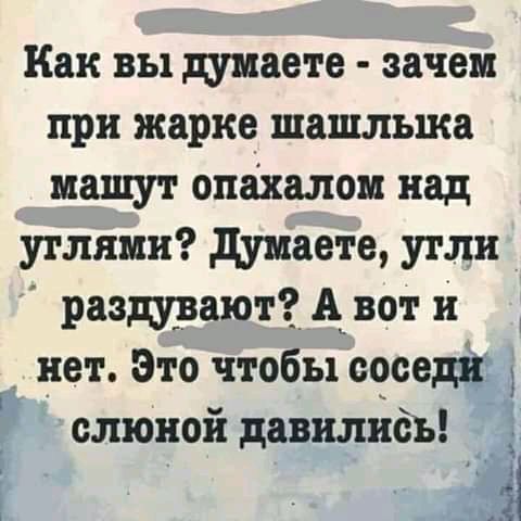 Как вы Думаете зачем при жарке шашлыка машут опахалом над углями думаете угли раздувают д вот и _ нет Это чтобы еоеедй слюной давилнёъ 4