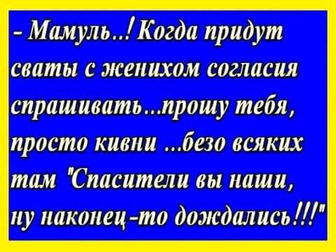 Мамуль Когда придут сваты с женихом согласия снрашиватьпрошу тебя просто кивни безо всяких там Спасители вы наши ну наконец то дождались Ш