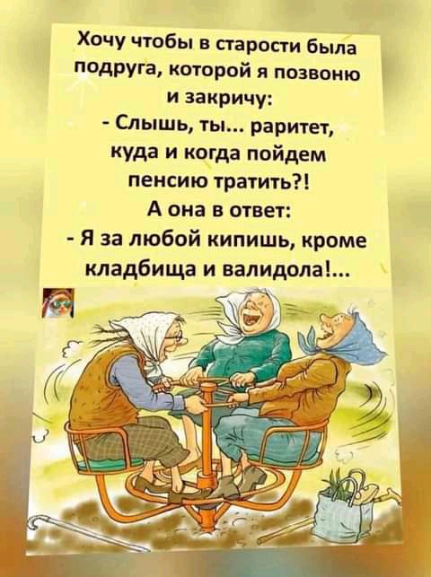 Хочу чтобы в старости была подруга которой я позвоню и закричу Слышь ты раритет куда и когда пойдем пенсию тратить А она в ответ Я за любой кипишь кроме кладбища и валидола тж
