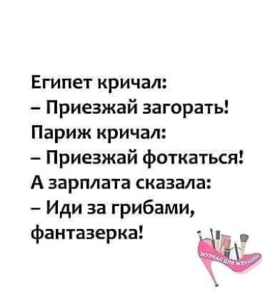 Египет кричал Приезжай загорать Париж кричал Приезжай фоткаться А зарплата сказала Иди за грибами фантазерка ь