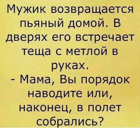 Мужик возвращается пьяный домой В дверях его встречает теща с метлой в руках Мама Вы порядок наводите или наконец в полет собрались
