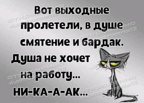 Вот выходные пролетели в душе смятение и бардак душа не хочет на работу НИ КА А Ак