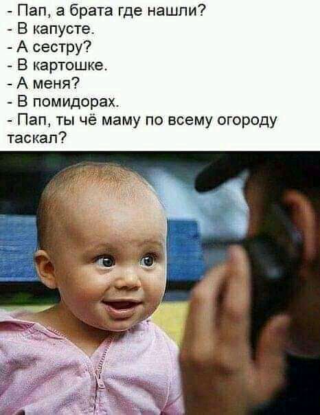 Пап а брата где нашли В капусте А сестру В картошке А меня В помидорах Пап ты чё маму по всему огороду таскал