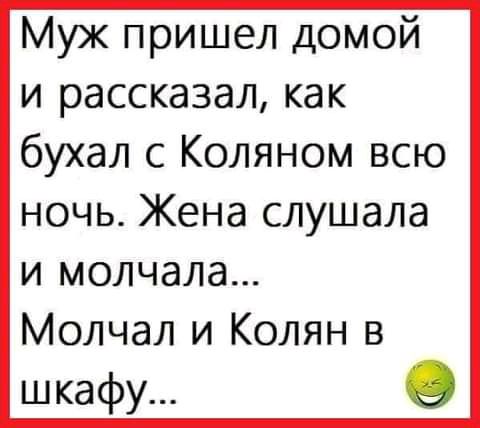 Муж пришел домой и рассказал как бухал с Коляном всю ночь Жена слушала и молчала Молчал и Колян в шкафу О