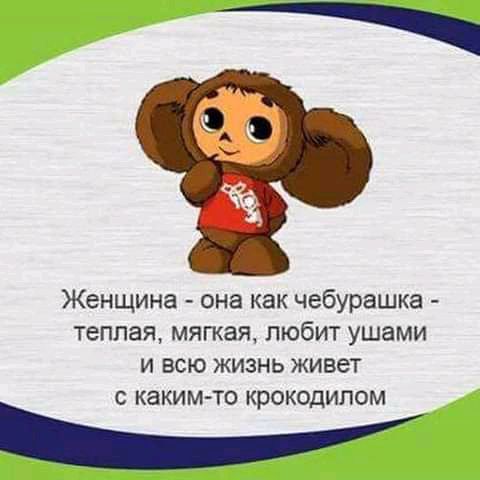 90   женщина  она как чебурашка  теплая, мягкая, любит ушами и всю жизнь живет с какимто крокодилом иаа неснанеи