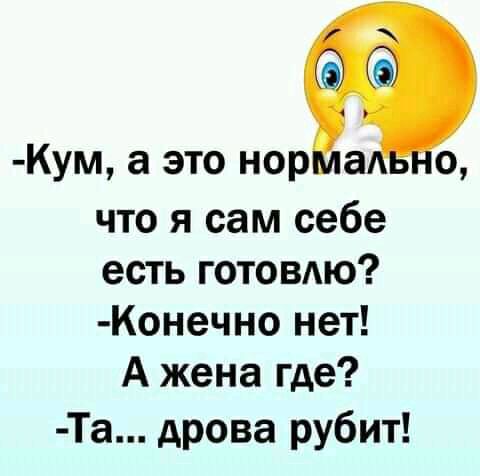 Кум а это нор а 0 что я сам себе есть готовдю Конечно нет А жена где Та дрова рубит