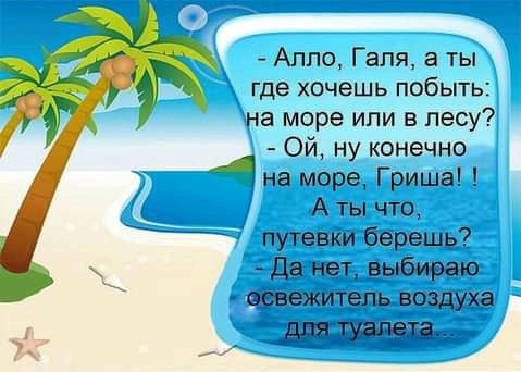 Аппо Галя а ты где хочешь ПОбЫТЬ на море или в лесу Ой ну конечно 4 на море Гриша А ты что путевки берешь Да нет выбираю ОСВЕЖИТЕПЬ воздуха для туалета