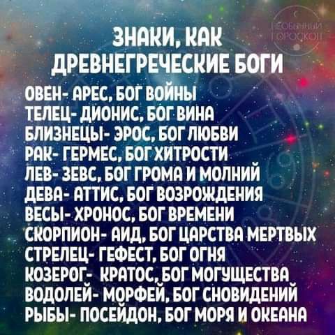 _ ЗНОНИ ИНН дРЕВНЕГРЕЧЕСНИЕ БОГИ ОВЕН АРЕС БОГВОЙЫ ТЕЛЕЦ дИОНИС БОГ ВИНА БЛИЗНЕЦЫ ЭРОС БОГЛЮБВИ РНН ГЕРМЕС БОГХИТРОСТИ ЛЕВ 3ЕВС БОГ ГРОМд И МОПНИЙ дЕВд дТТИС БОГВОЗРОИЩЕНИЯ ВЕСЫ ХРОНОС БОГ ВРЕМЕНИ СИОРПИОН дИд БОГ ЦАРСТВО МЕРТВЫХ СТРЕЛЕЦ ГЕФЕСТ БОГ ОГНИ КОЗЕРОГ НРОТОС БОГ МОГНЩЕСТВЯ ВОДОПЕЙ МОРФЕИ БОГСНОВИДЕНИЙ РЫБЫ ПОСЕЙДОН БОГ МОРЯ И ОНЕАНО
