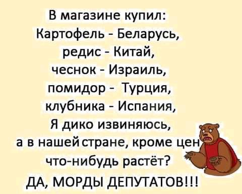 В магазине купил Картофель Беларусь редис Китай чеснок Израиль помидор Турция клубника Испания Я дико извиняюсь а в нашей сгране кроме цен что нибудь растёт дА морды ДЕПУТАТОВ