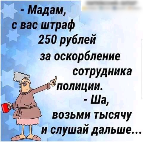 Мадам с вас штраф 250 рублей за оскорбление сотрудника гдполиции _ Ша __ возьму тысячу 93 и слушаи дальше