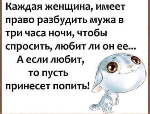 Каждая женщина имеет право разбудить мужа в три часа ночи чтобы спросить любит ли он ее А если любит іі Ё то пусть принесет попить