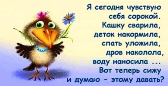 Я сегодня чувствую себя сорокой Кдшку сварили деток накормила спать уложила дров накалом Иду ишосим Выпмрсижу думиту