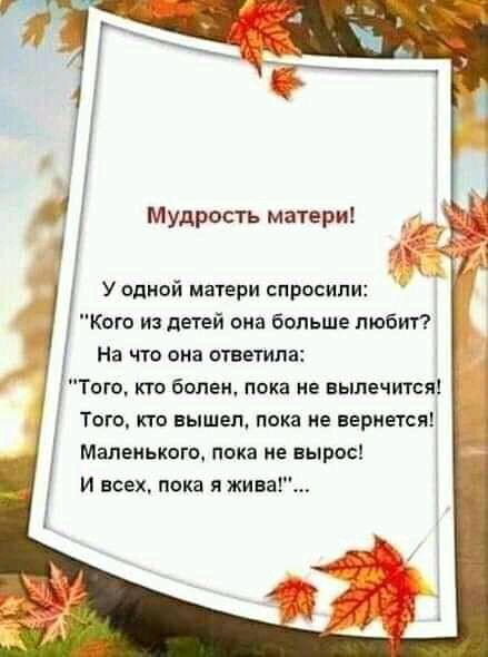 Мудрость матери У одной махери спрасипи Квт из детей она больше любит На что она ответила Того кто болен пока не выпечится Того кто вышел пока не вернется Маленького пока не выпас И всех пока я жив