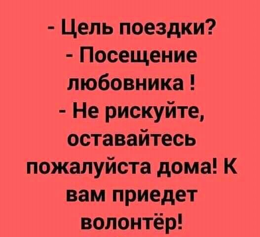 Цель поездки Посещение любовника Не рискуйте оставайтесь пожалуйста дома К вам приедет волонтёр