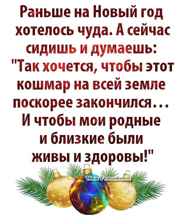 Раньше на Новый год хотелось чуда А сейчас сидишь и думаешь Так хочется чтобы этот кошмар на всей земле поскорее закончился И чтобы мои родные и близкие были живы и доровьп