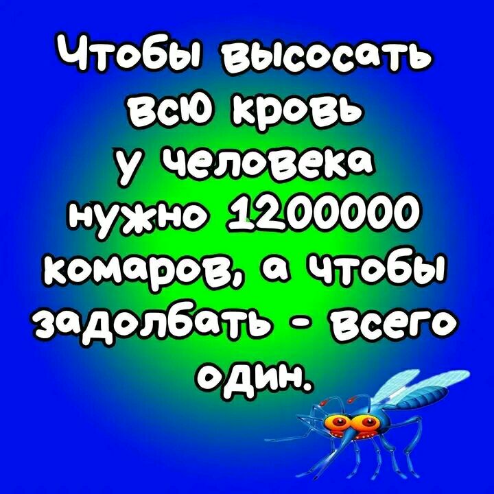 Чтобы вывосоть всю крот у человека нужно 1200000 комаров и чтобы задолбеть всего один 99