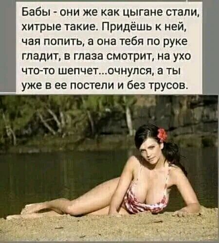 Бабы ОНИ же как цыгане СТЗПИ хитрые такие Придёшь к ней чая попить а она тебя по руке гладит в глаза смотрит на ухо ЧТО ТО шепчеточнупся а ТЫ уже в ее постели и без трусов