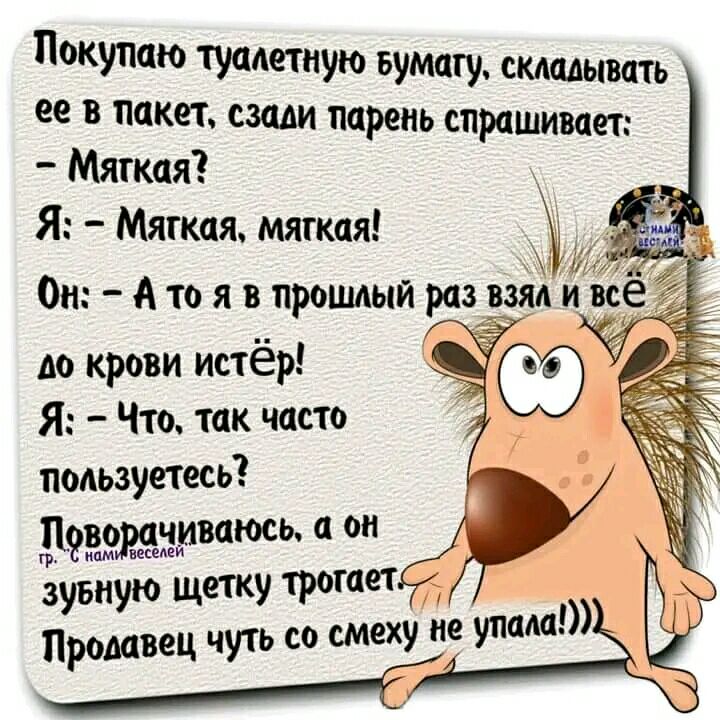 Покупаю туалетную вумагу складывать ее в пакет сзади парень спрашивает Мягкая Я Мягкая мягкая Он А то я в прошлый разша Й ва до крови истёр Я Что так часто поаьзуетесь зубную щеку ттт г Продавец чуть С