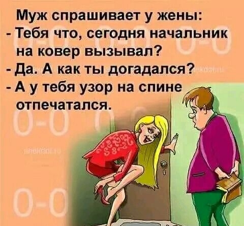 Муж спрашивает у жены Тебя что сегодня начальник на ковер вызывал да А как ты догадался А у тебя узор на спине отпечатапся вгщихащг м