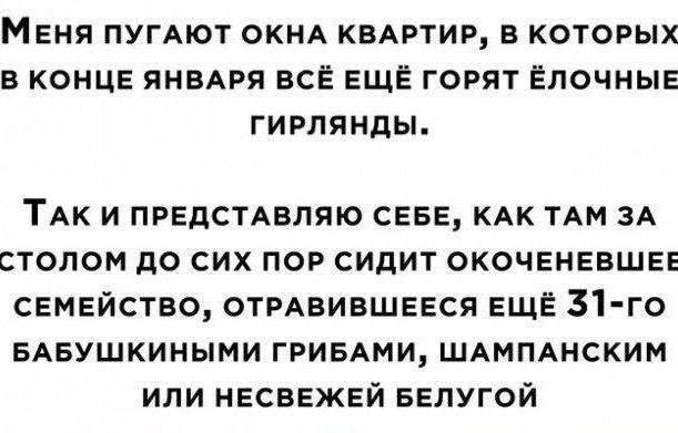 Меня пугают окна квартир, в которых в конце января всё ещё горят ёлочные гирлянды. Так и представляю себе, как там за столом до сих пор сидит окоченевшее семейство, отравившееся ещё 31-го бабушкиными грибами, шампанским или несвежей белугой