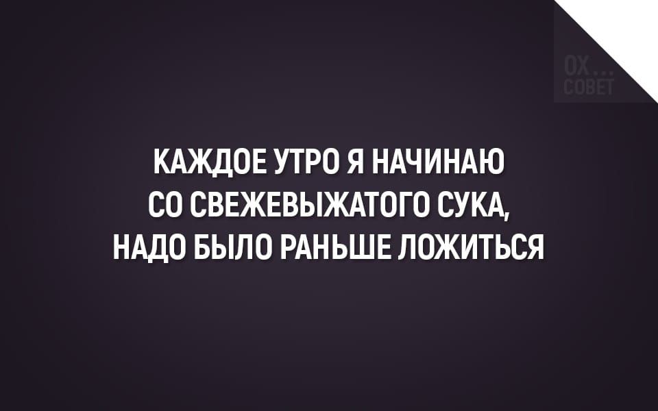 КАЖДОЕ УТРО Я НАЧИНАЮ СО СВЕЖЕВЫЖАТОГО СУКА НАДО БЫЛО РАНЬШЕ ЛОЖИТЬСЯ