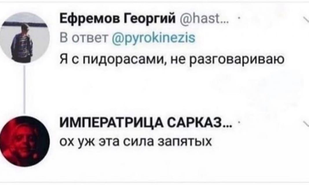 Ефремов Георгий Ьазт В ответ ругоКіпегіз Я с пидорасами не разговариваю ИМПЕРАТРИЦА САРКАЗ ох уж эта сила запятых