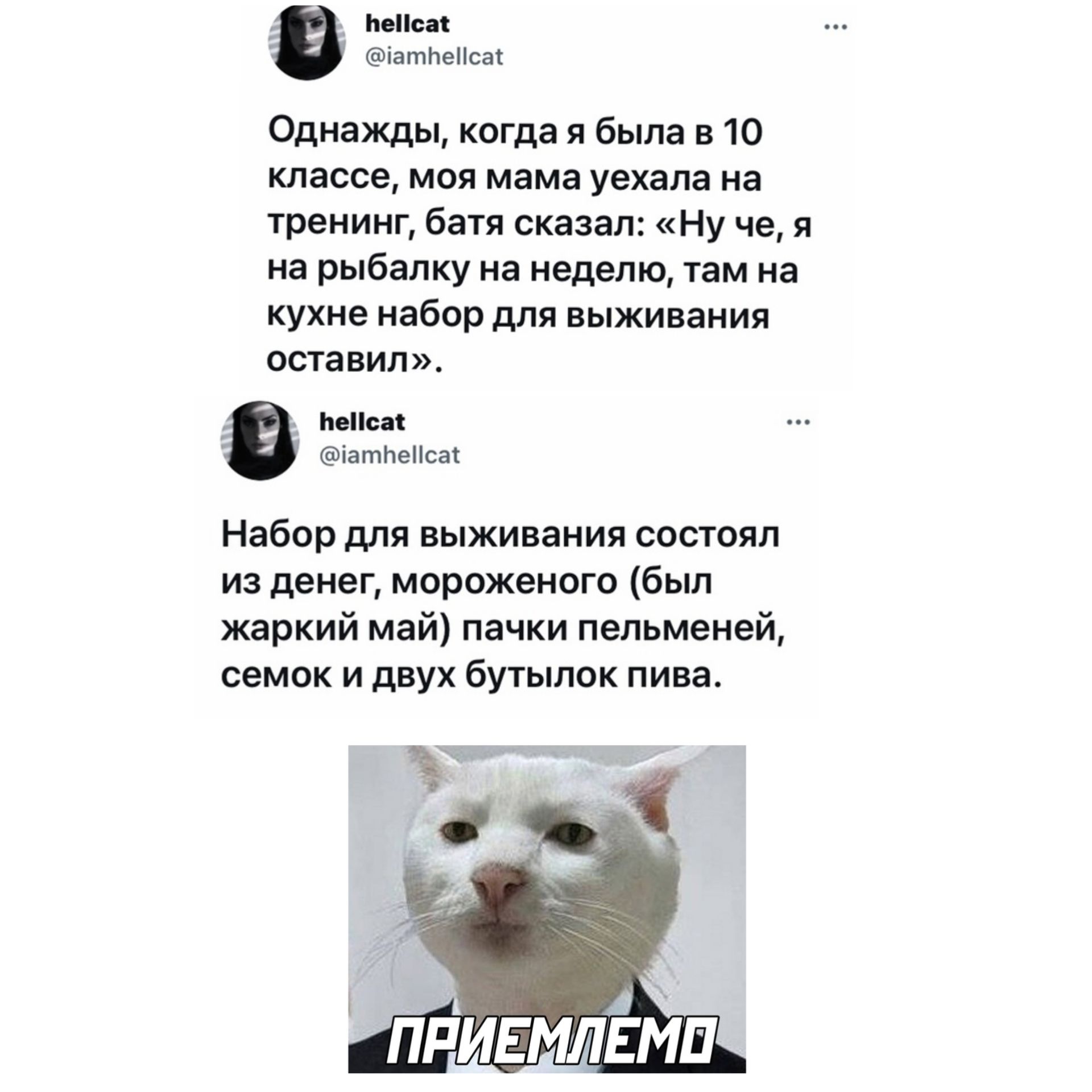 _ _ Ьесаі іатЬеНсат Однажды когда я была в 10 классе моя мама уехала на тренинг батя сказал Ну че я на рыбалку на неделю там на кухне набор для выживания оставил _ д Ьеіісас іатпеіісаі Набор для выживания состоял из денег мороженого был жаркий май пачки пельменей семок и двух бутылок пива