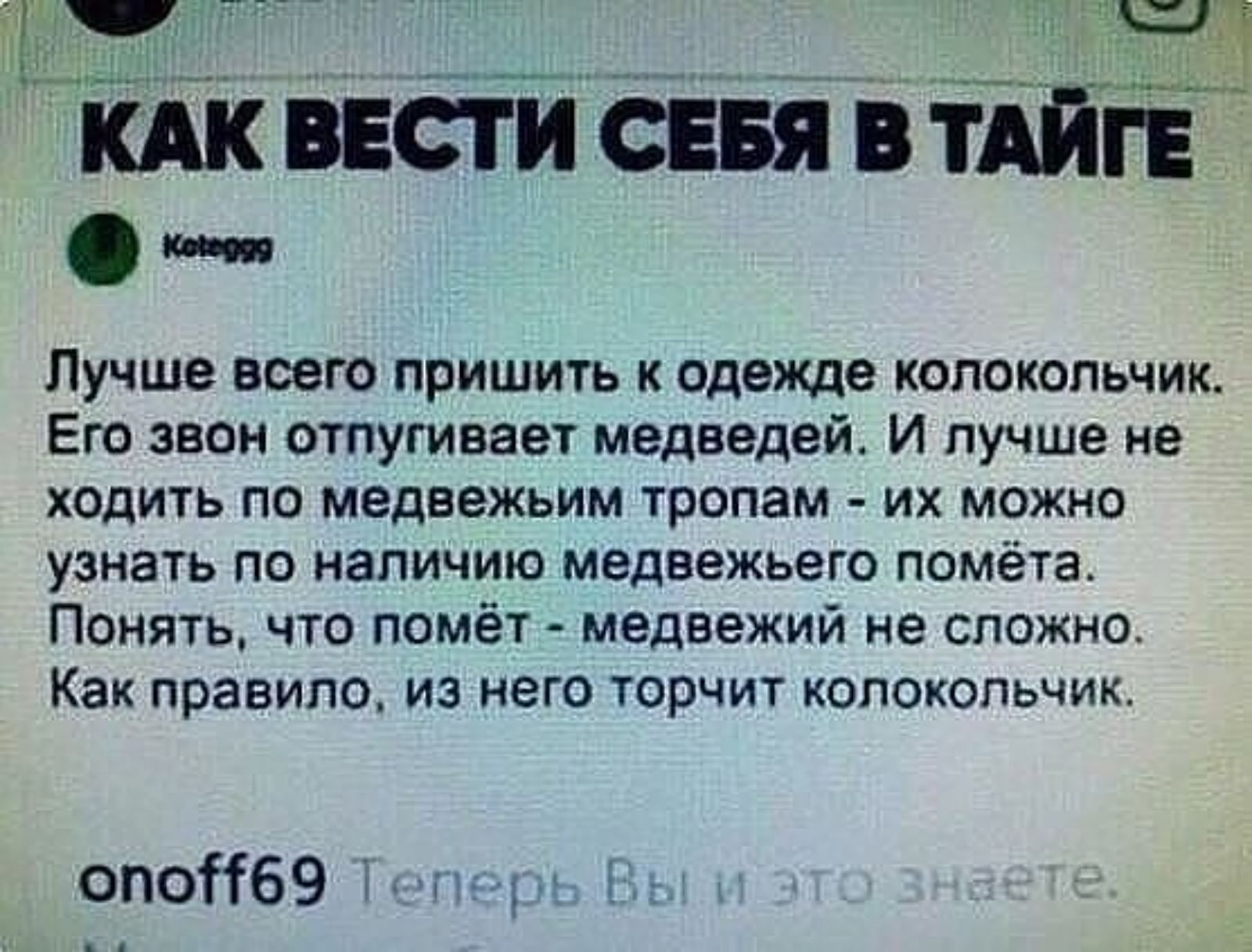 кдк идти от в тайге Лучше всего пришить к одежде колокольчик Его звон отпугивает медведей И лучше не ходить по медвежьим тропам их можно узнать по наличию медвежьего помёта Понять что помёт медвежий не сложно Как правило из него торчит колокольчик опоНбЭ