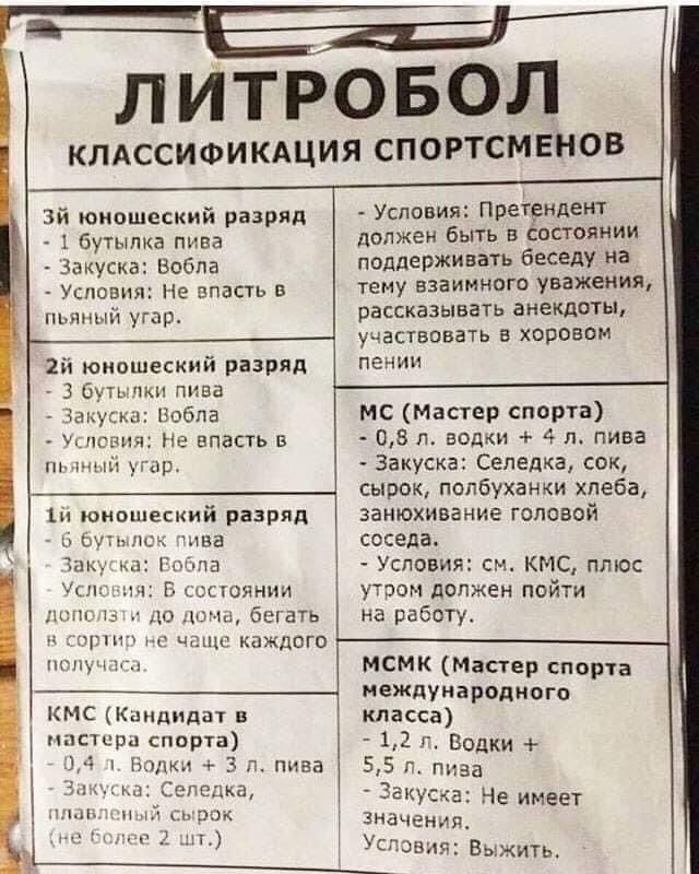 Зй юношеский разряд 1 бутылка пива Закуска Вобла Условия Не впасть пьяный угар 2іі юношеский разряд 3 буть пки пива Шуимх Вобла писати Не впасть в ш ший уцш юмошески разряд и 111 ЧСх ПВЁ Г С сгоянпи до кт м бетать чщп каждого ь Г ш щ КМС Кандидат пастора спорта На 3 п пива Селение н и А пм ЛИТРОБОЛ КЛАССИФИКАЦИЯ СПОРТСМЕНОВ Условия Претендент должен быть в достоянии поддерживать беседу на тему вза