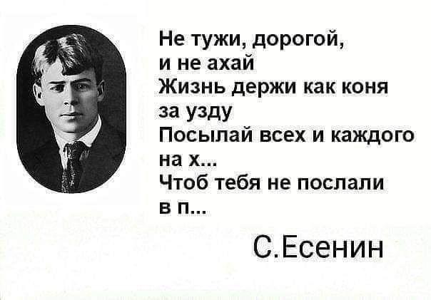 Не тужи дорогой и не ахай Жизнь держи как коня за у3ду Посыпай всех и каждого на х Чтоб тебя не послали в п СЕсенин