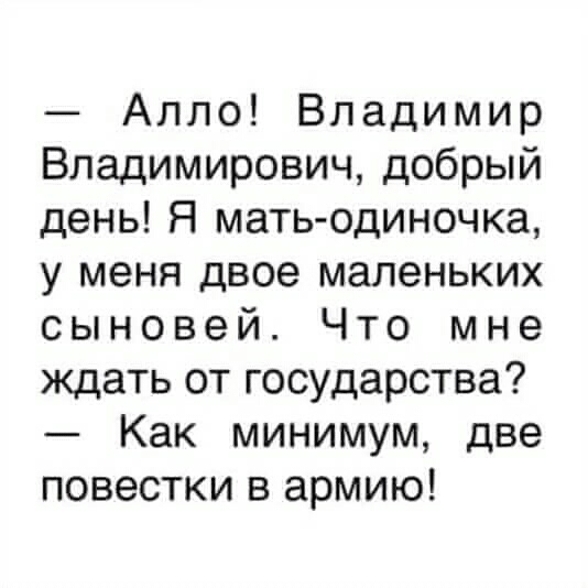 Алло Владимир Владимирович добрый день Я мать одиночка у меня двое маленьких сыновей Что мне ждать от государства Как минимум две повестки в армию