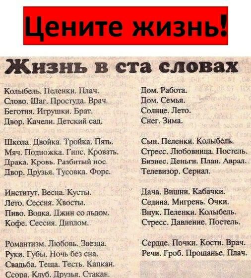 Жизнь в ста словах Кмыбель Пеленки Плач Слово Шаг Простуда Врач Бетти Игрушки 5 двор Качели Детский сад Школа Двойка пюйкв Пять Мяч Поцножка г Кравец др Кровь Разбитый нос двор Друзья Тусктщ Форс Институ Весна Кусты Лт Сессии Хвосты п Во Джин со льдом Кофе Сессия Диплом Ромашизм Людовьввеш Ру Губы н без сна Свадьба Теща Тесть Капкан Свопы Клуй дпжья Стакан Пом Рабин Пом Семыъ Солнце Лт Сист Зимл с