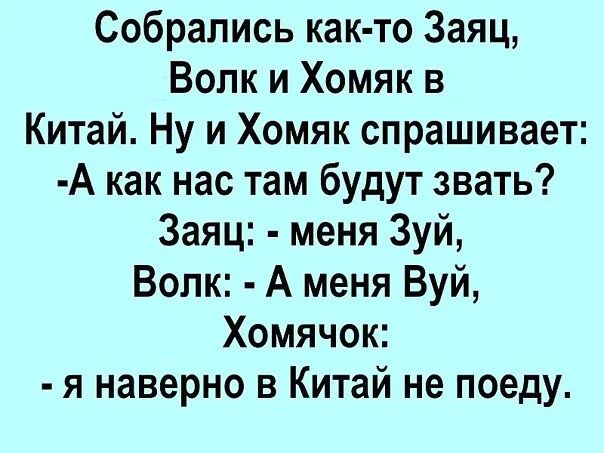 Собрались как то Заяц Волк и Хомяк в Китай Ну и Хомяк спрашивает А как нас там будут звать Заяц меня Зуй Волк А меня Вуй Хомячок я наверно в Китай не поеду