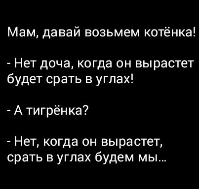 Мам да вай возьмем котёнка Нет доча когда он вырастет будет срать в углах А тигрёнка Нет когда он вырастет срать в углах будем мы